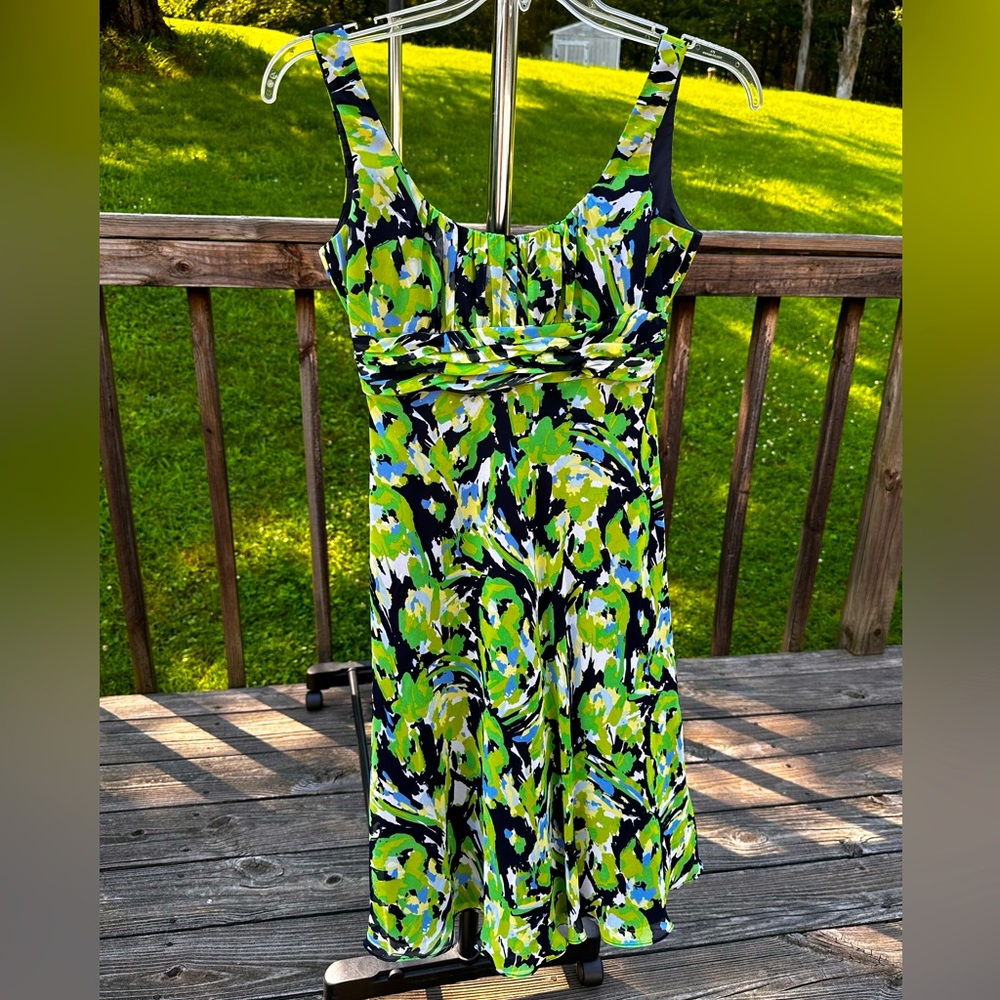 Vibrant Green, Black, Light Blue, and Yellow Sleeveless Dress.